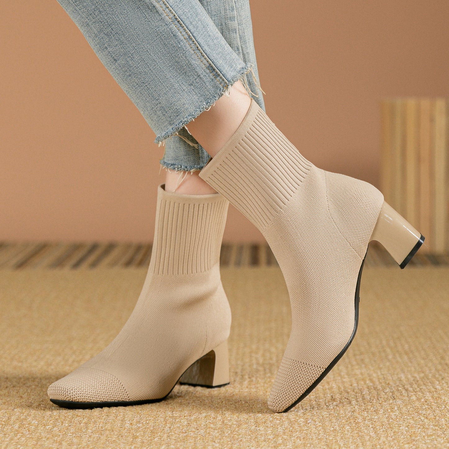 Bottes chaussettes tricotées à talon épais élastique