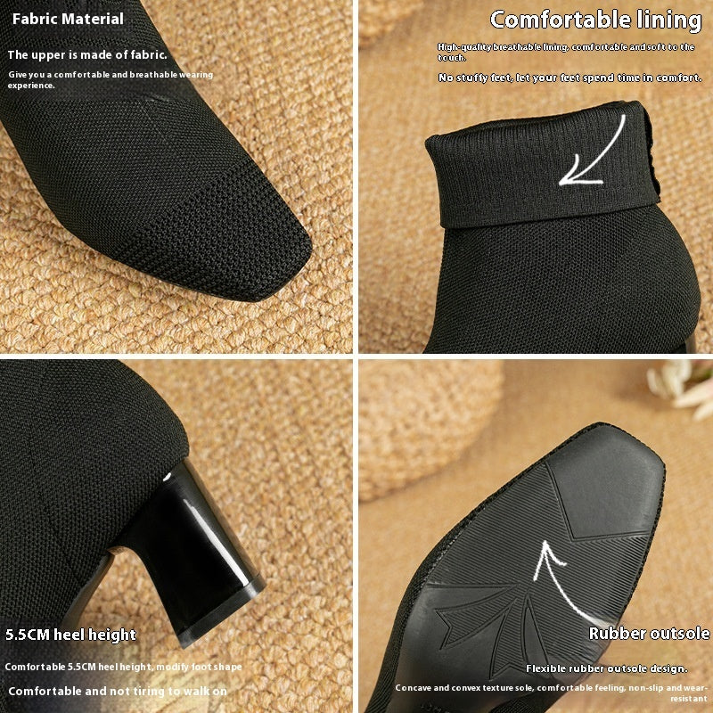 Bottes chaussettes tricotées à talon épais élastique
