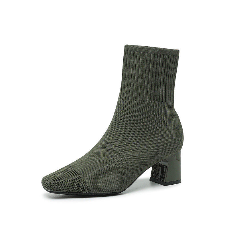 Bottes chaussettes tricotées à talon épais élastique