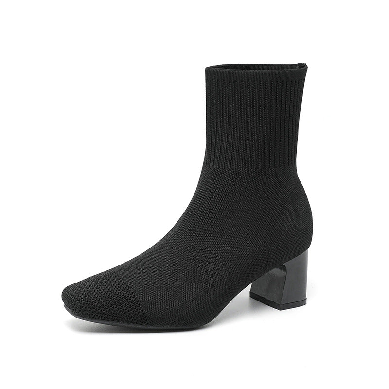 Bottes chaussettes tricotées à talon épais élastique
