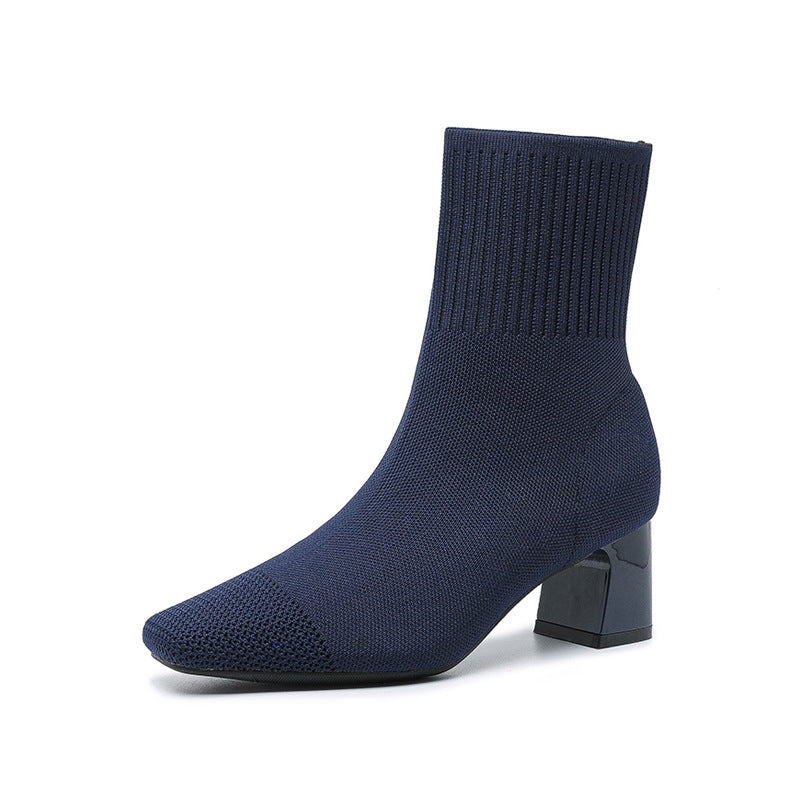 Bottes chaussettes tricotées à talon épais élastique