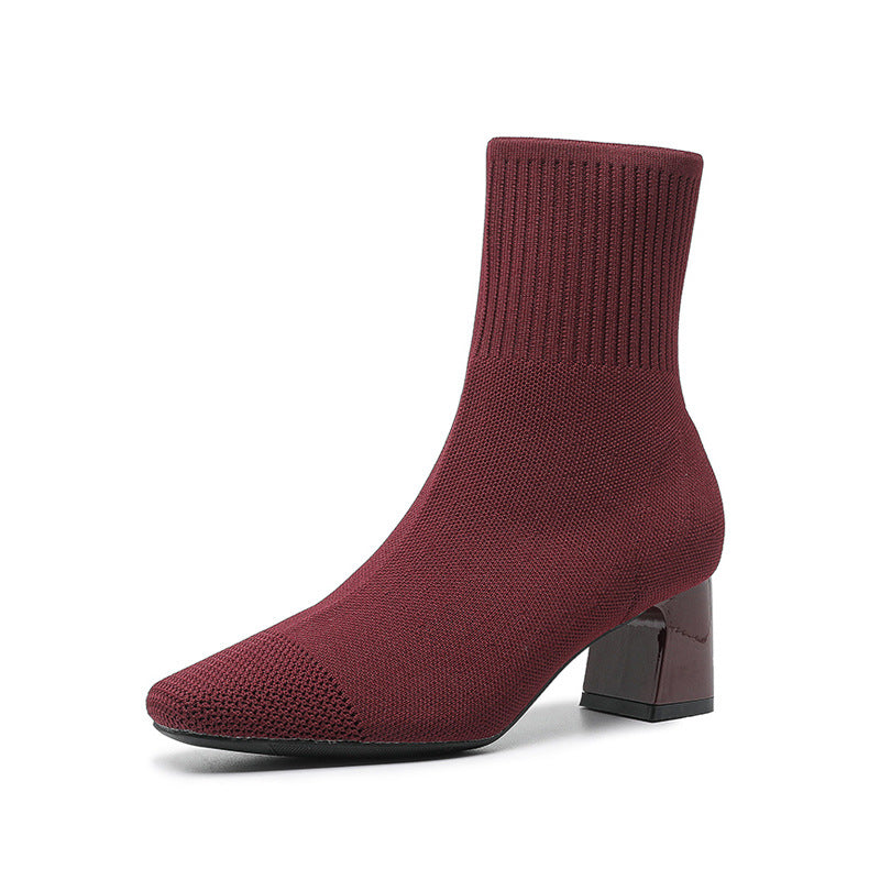 Bottes chaussettes tricotées à talon épais élastique