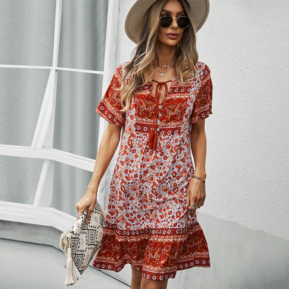 Robe courte imprimée à manches courtes pour femme