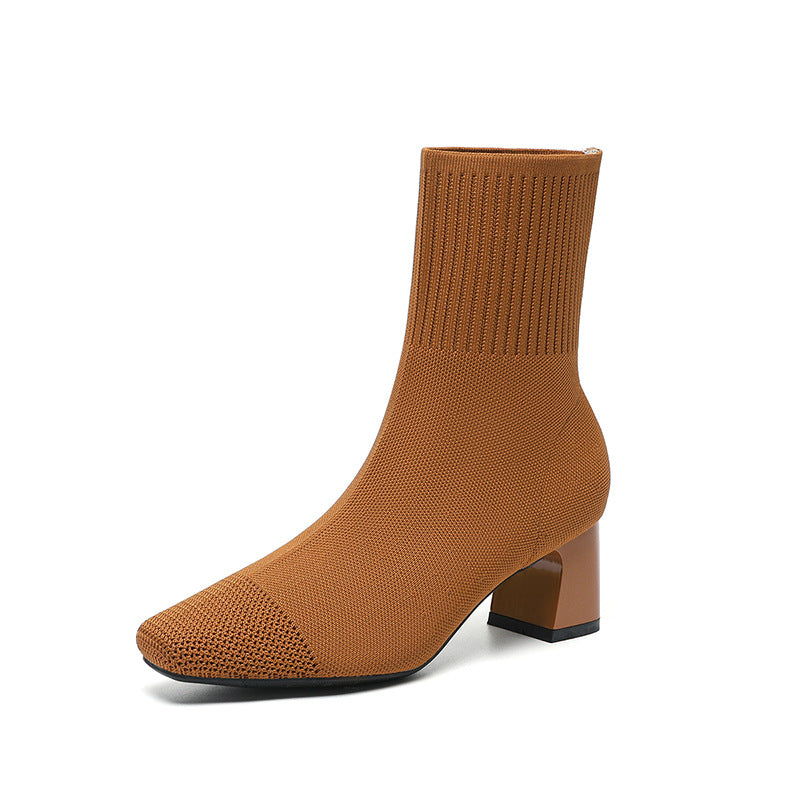 Bottes chaussettes tricotées à talon épais élastique