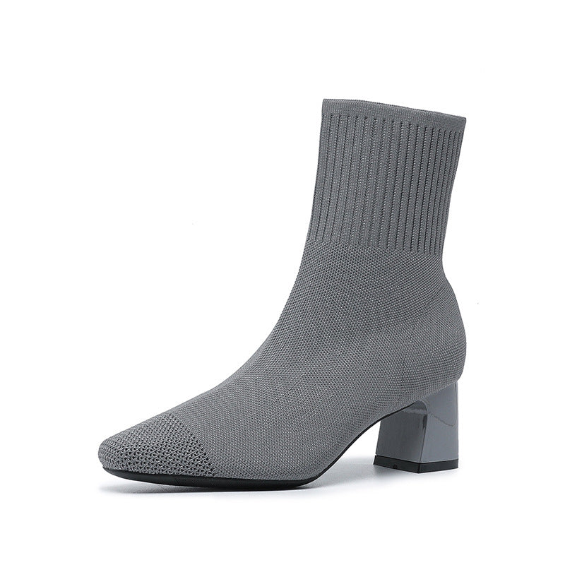 Bottes chaussettes tricotées à talon épais élastique